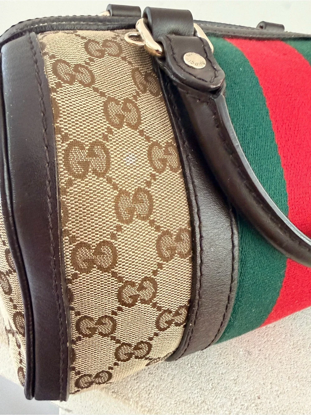 GUCCI Small Joy Boston Bag GG Canvas Web Stripe Satchel Italy